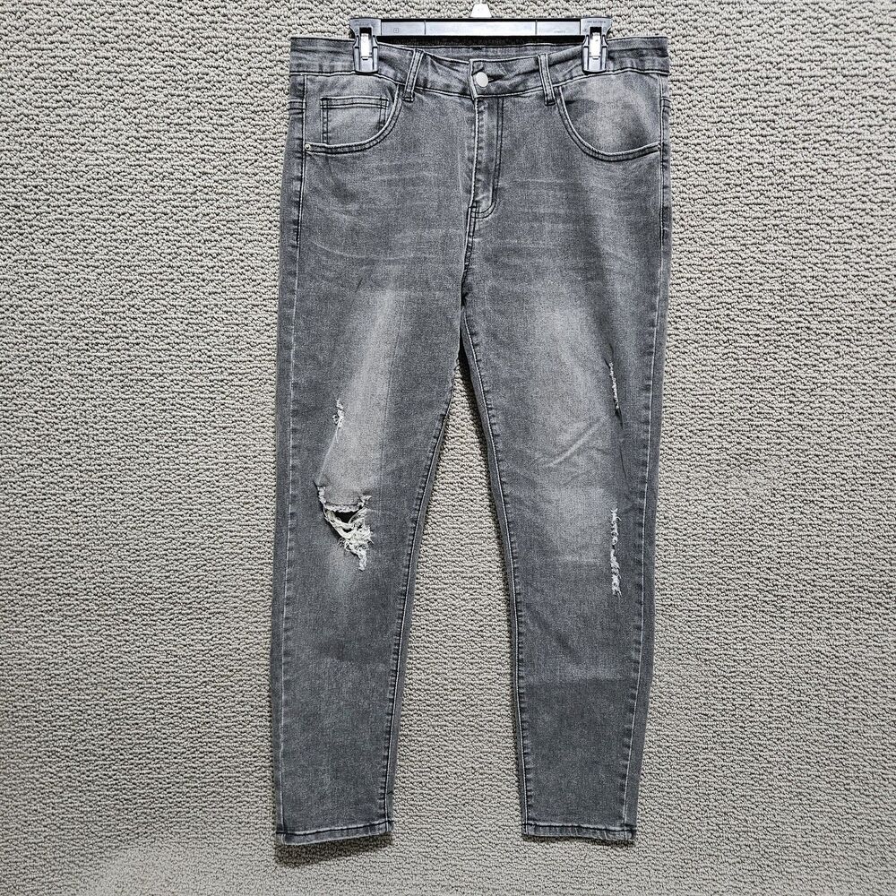 MANFINITY Men’s Gray Distressed Washed Stretch Slim Fight Jeans Size L